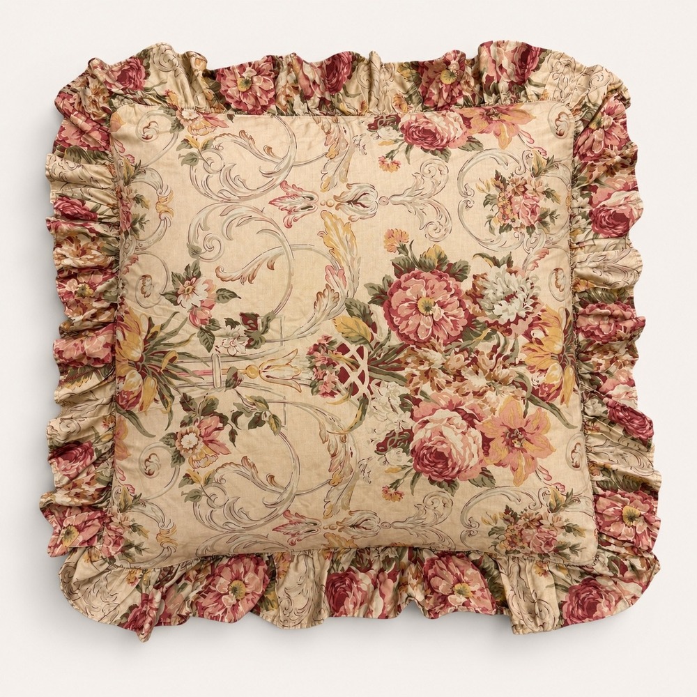 Vintage Ralph Lauren Guinevere Floral  Euro Sham Ruffled Pink Cream Cotton USA